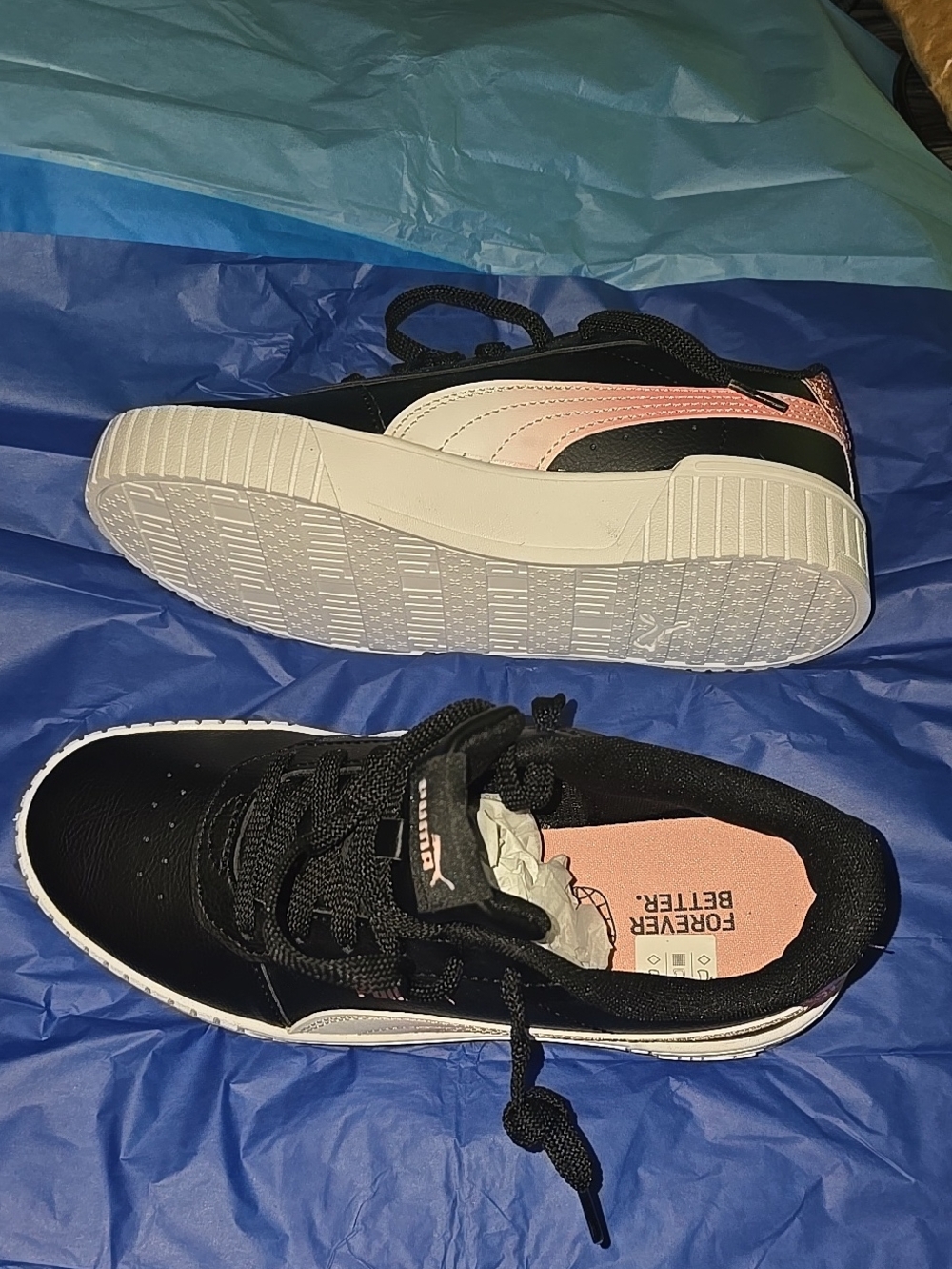 Puma Women's Black Sneakers with Pink Accents and White Sole
